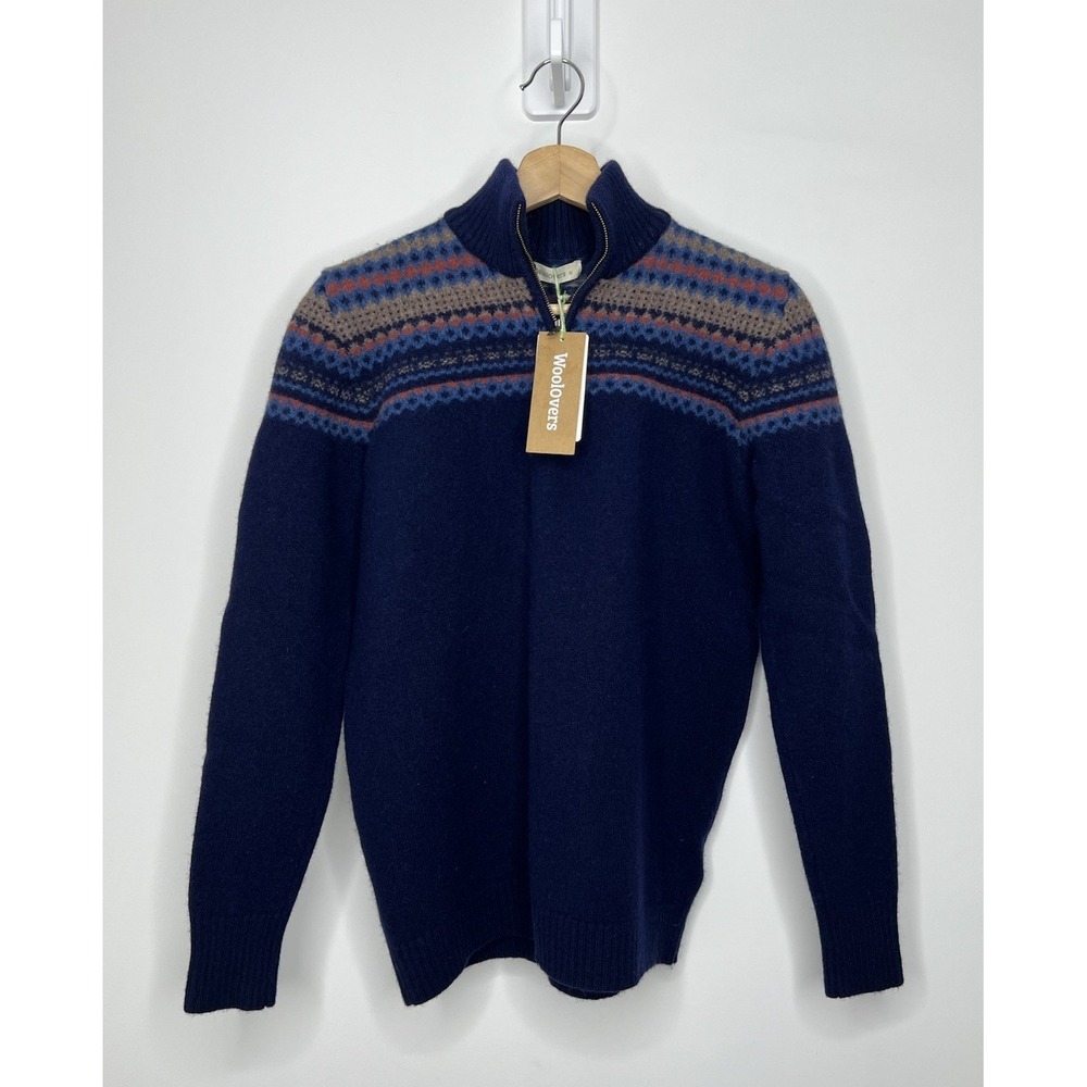 NWT Woolovers Fairisle Half Zip Jumper Mens Medium Navy Blue Lambswool Sweater